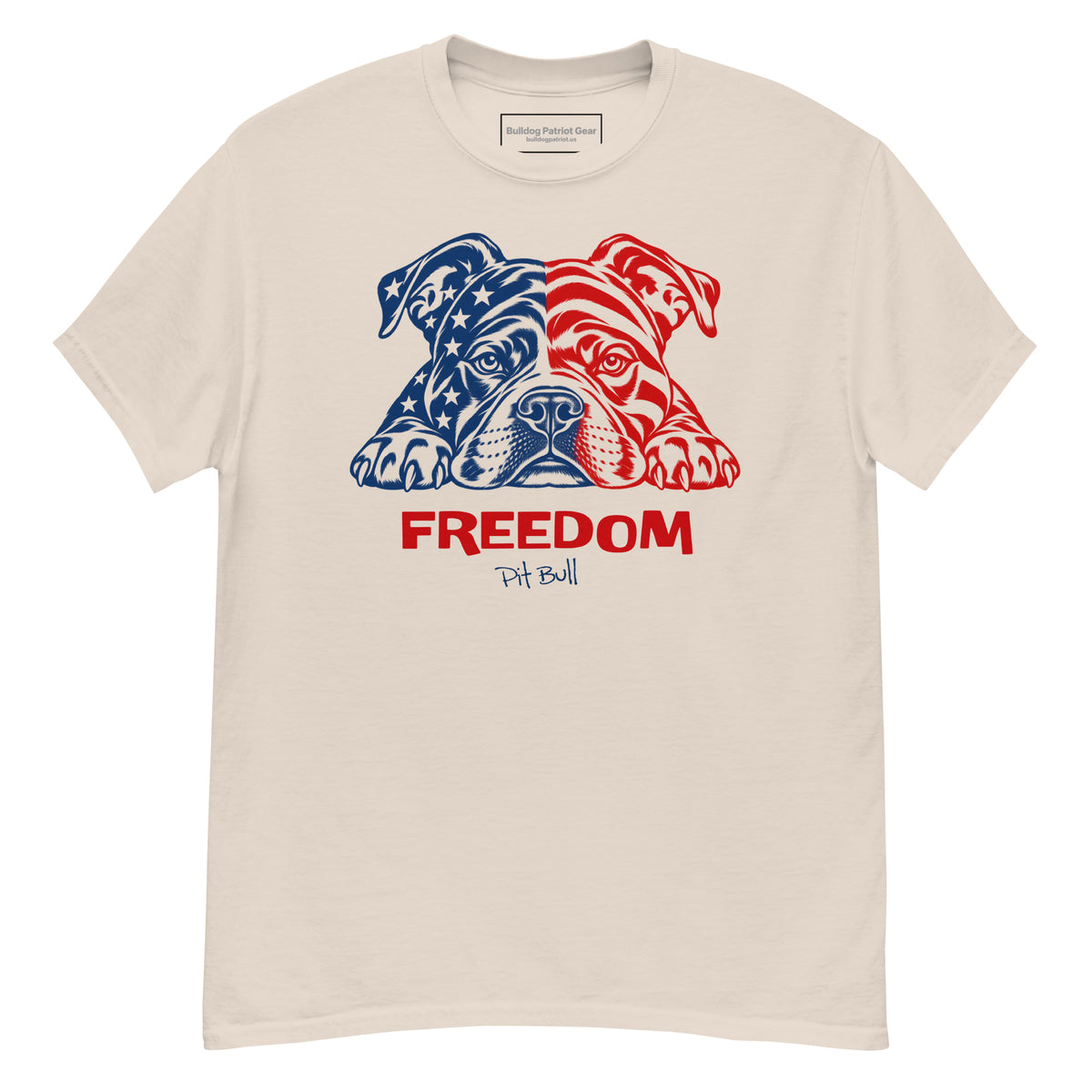 Front of Natural Freedom Series tee featuring a red-and-blue Pit Bull, stars and stripes, and FREEDOM lettering.