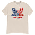 Front of Natural Freedom Series tee featuring a red-and-blue French Bulldog, stars and stripes, and FREEDOM lettering.