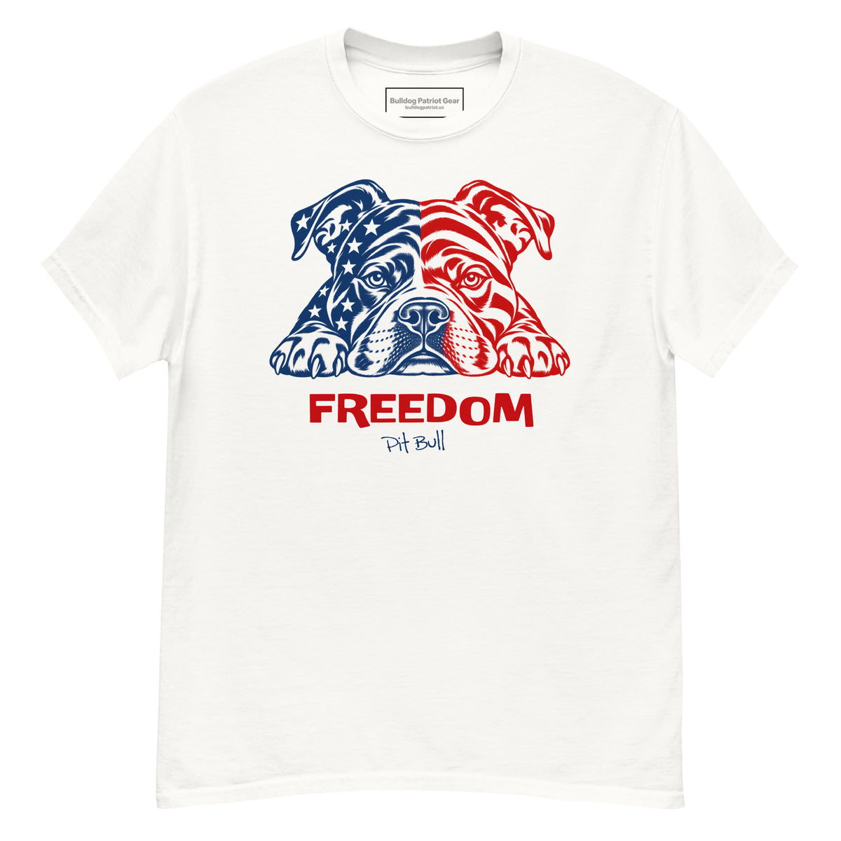 Front of White Freedom Series tee featuring a red-and-blue Pit Bull, stars and stripes, and FREEDOM lettering.